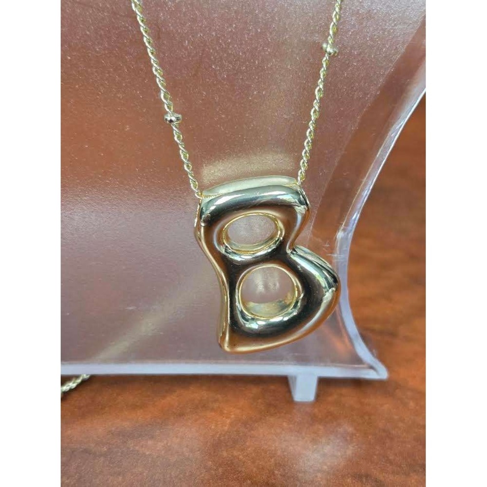 Gold Tone Bubble Letter B Initial Necklace Twisted Bead Chain 18-20 Inch